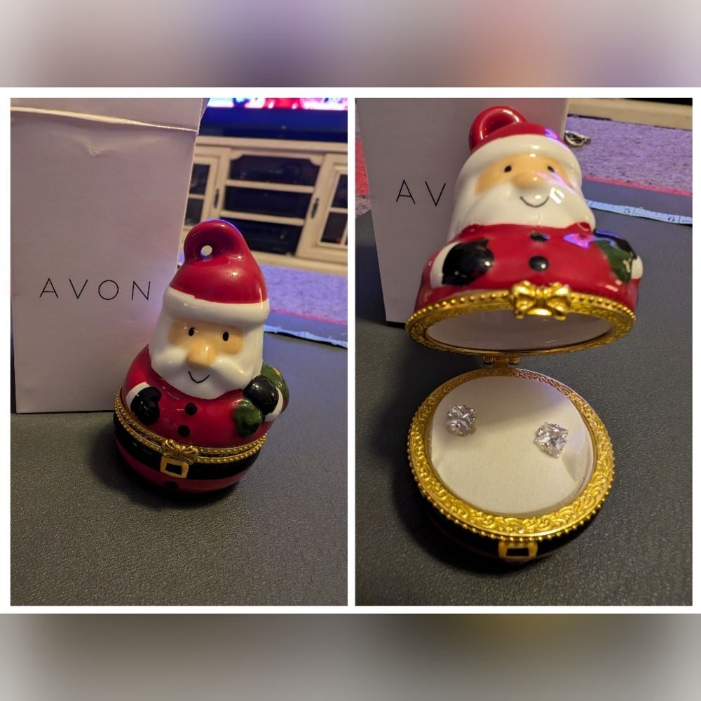 NIB Avon CZ Stud Earrings In Keepsake Santa Trinket Box